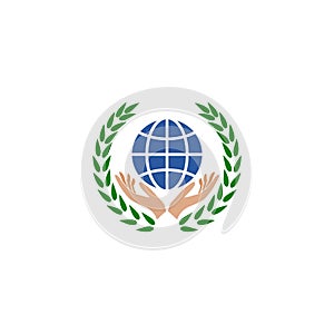 Globe, Hands, Laurel logo