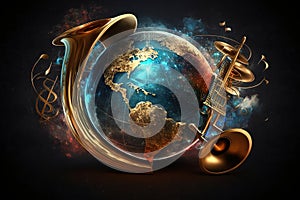 A globe on a heavenly background and musical instruments. World Music Day concept. The music of earth