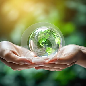 Globe on the human hands for environmental,Social and governance,Words green background,sustainable environment concept,AI