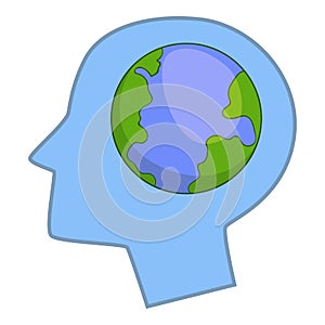 Globe in human head icon, cartoon style