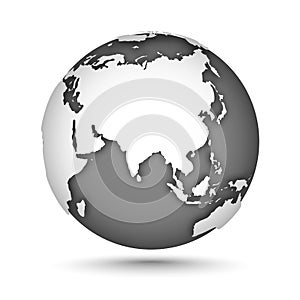 Globe icon gray on white with smooth vector shadow and map of the continents of the world. White continent and gray