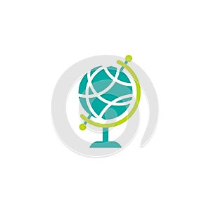 Globe icon isolated on white. Blue and green flat Earth planet model. Travel, adventure, trip symbol.