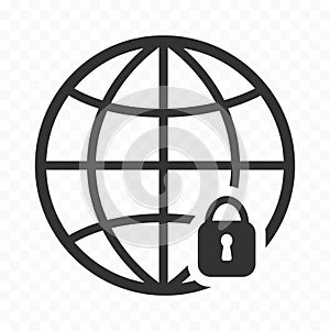 Globe icon and a padlock. Web browsing safety icon. Secured network.