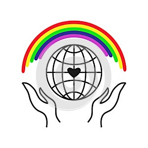Globe icon. Rainbow positive vibes around the world, holding in hands. Concept of love and kindness. White background