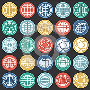 Globe icon set on color circles black background for graphic and web design, Modern simple vector sign. Internet concept. Trendy