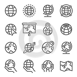 Globe Icon Set. Contains such Icons as World Map, Pin, Earth and more. Expanded Stroke photo