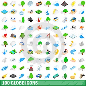 100 globe icons set, isometric 3d style