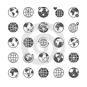 Globe icons set world earth globe map silhouette icons internet global commerce marketing line icons tourism vector