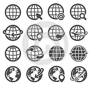 Globe icons set. World earth, worldwide map continents spherical planet, internet global communication pictograms