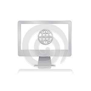 Globe internet connection icon inside blank screen computer monitor with reflection minimalist modern icon vector illustration