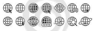 Globe internet icon. vector earth, world, planet sign. cyberspace computer network set. www mouse cursor isolated concept logo