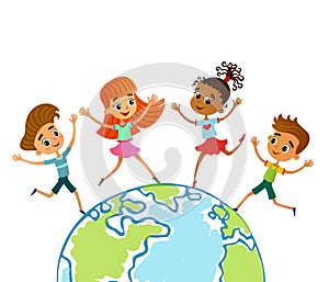Globe kids. Children Earth day. Vector illustration
