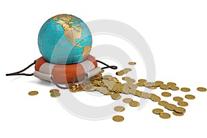 Globe and life buoy and gold coins on white background. 3D illus