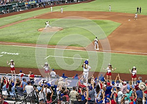 Globe Life Field with Texas Rangers mascot and cheerleaders during a baseball game in Arlington, Texas.