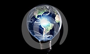 Globe in light bulb concept: Earth inside glowing globe Creating using generative AI tools
