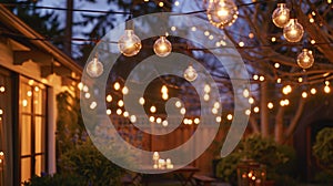 A of globe lights strung above a patio casting a warm and romantic glow over a small outdoor wedding reception photo