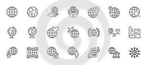 Globe line icon set. Map pin, planet earth, global business, round the world travel, teamwork outline vector