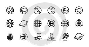 Globe line icons. World sphere with longitude and latitude, travel and destination concept. Vector web interface outline