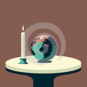 a globe and a lit candle to represent the campaign against climate change called earth hour