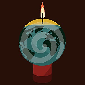 a globe and a lit candle to represent the campaign against climate change called earth hour