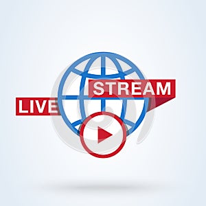 Globe Live News Play line sign icon or logo. Live stream concept. World and global live, linear design vector illustration