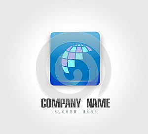 Globe logo and icon element on 3d shine square logo
