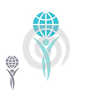Globe logo man hands up planet together, achievement success creative idea, save Earth emblem photo