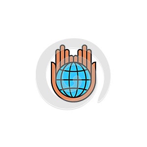 Globe logo saving planet earth concept, care nature eco icon flat style, human hands hold a blue planet