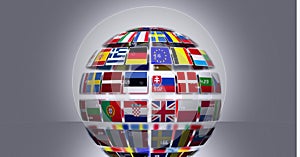 Globe made of different european union countries flags against grey background