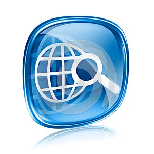 Globe and magnifier icon blue glass.