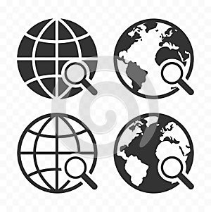 Globe with magnifying glass icon set. Planet earth and magnifier.