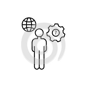 Globe man gear icon. Element of overpopulation thin line icon