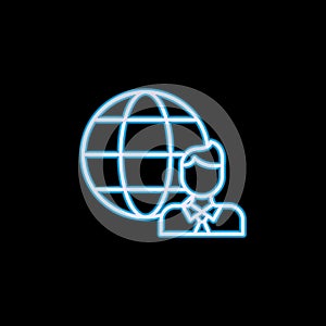 globe and man line icon in neon style. One of Headhunting, HR collection icon can be used for UI, UX