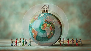 a globe with many different children holding hands around it and the house on top of