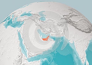 Globe map of the Arabian Peninsula, Middle East physical map. United Arab Emirates. Bathymetry, underwater depth of ocean