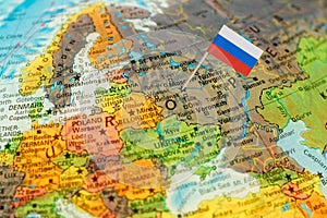 Globe map detail Russia with Russian Flag