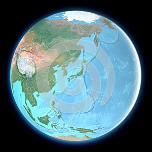 Globe map of East Asia, satellite view, geographical map, physics. Cartography, relief atlas.