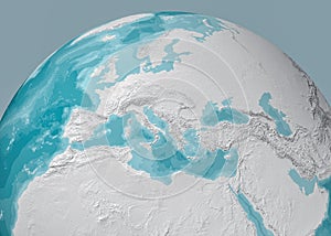Globe map of the Mediterranean Sea and Europe, Africa and the Middle East