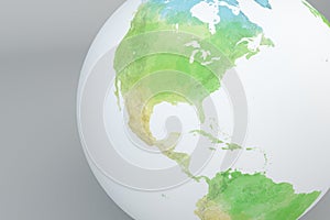 Globe map of North America, relief map
