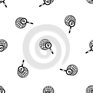 Globe, map pointer and magnifying glass