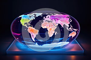 Globe with map of the world on dark background. 3d rendering, AI Generated