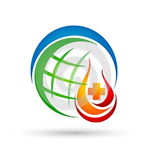 Globe medical care Flame fire logo, modern flames logotype symbol icon design vector on white background