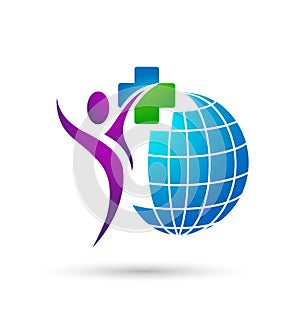 Globe medical care people logo icon on white background.