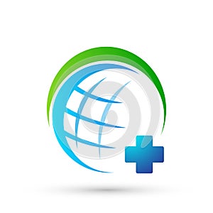 Globe medical health care cross people healthy life care logo design icon on white background