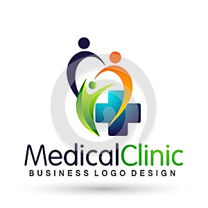 Globe world Medical health family care clinic people healthy life care logo design icon on white background