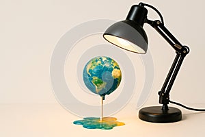The globe melts under the table lamp. Space for text.
