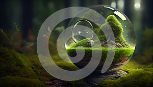 Globe On Moss In Forest Environmental Earth day concept. Ai generated image