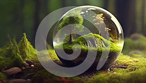 Globe On Moss In Forest Environmental Earth day concept. Ai generated image