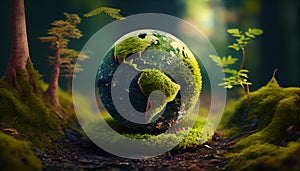 Globe On Moss In Forest Environmental Earth day concept. Ai generated image