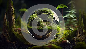 Globe On Moss In Forest Environmental Earth day concept. Ai generated image